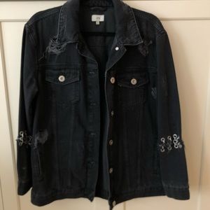 Washed Black Distressed Jean Jacket w Chain detail